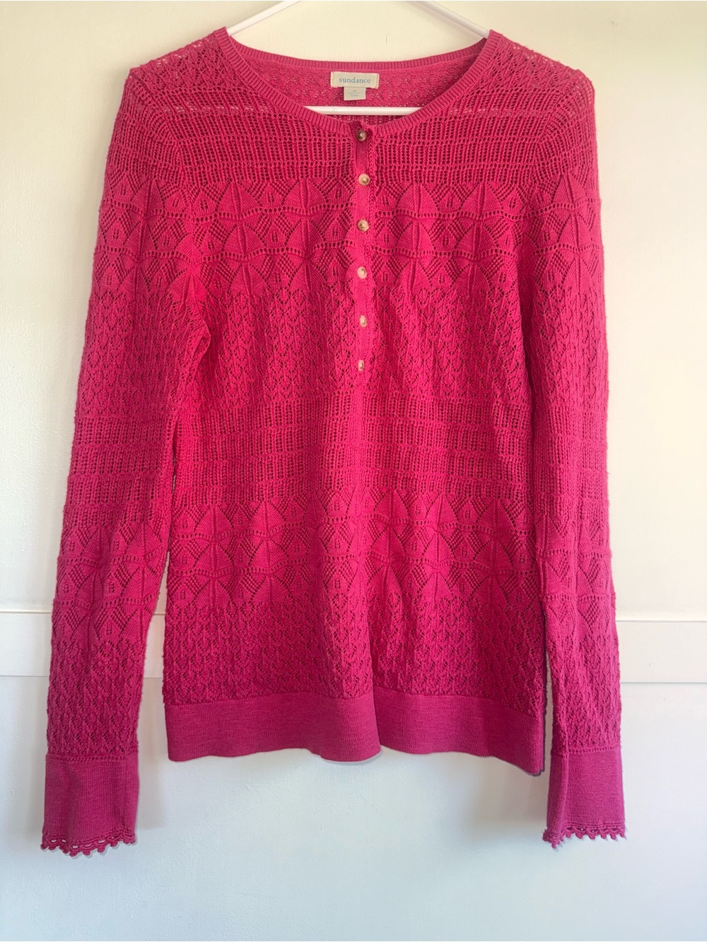 Sundance Pink Pointelle Open Knit Henley Sweater Boho Crochet Trim Medium